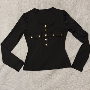 Elegant Ribbed Black Button-Down Shirt with Gold Buttons